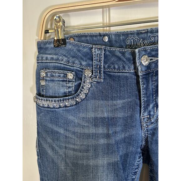 Miss Me Boot Cut Frayed Hem Jeans Womens Size 27 Blue Bling Rhinestone Cowgirl - Picture 2 of 12